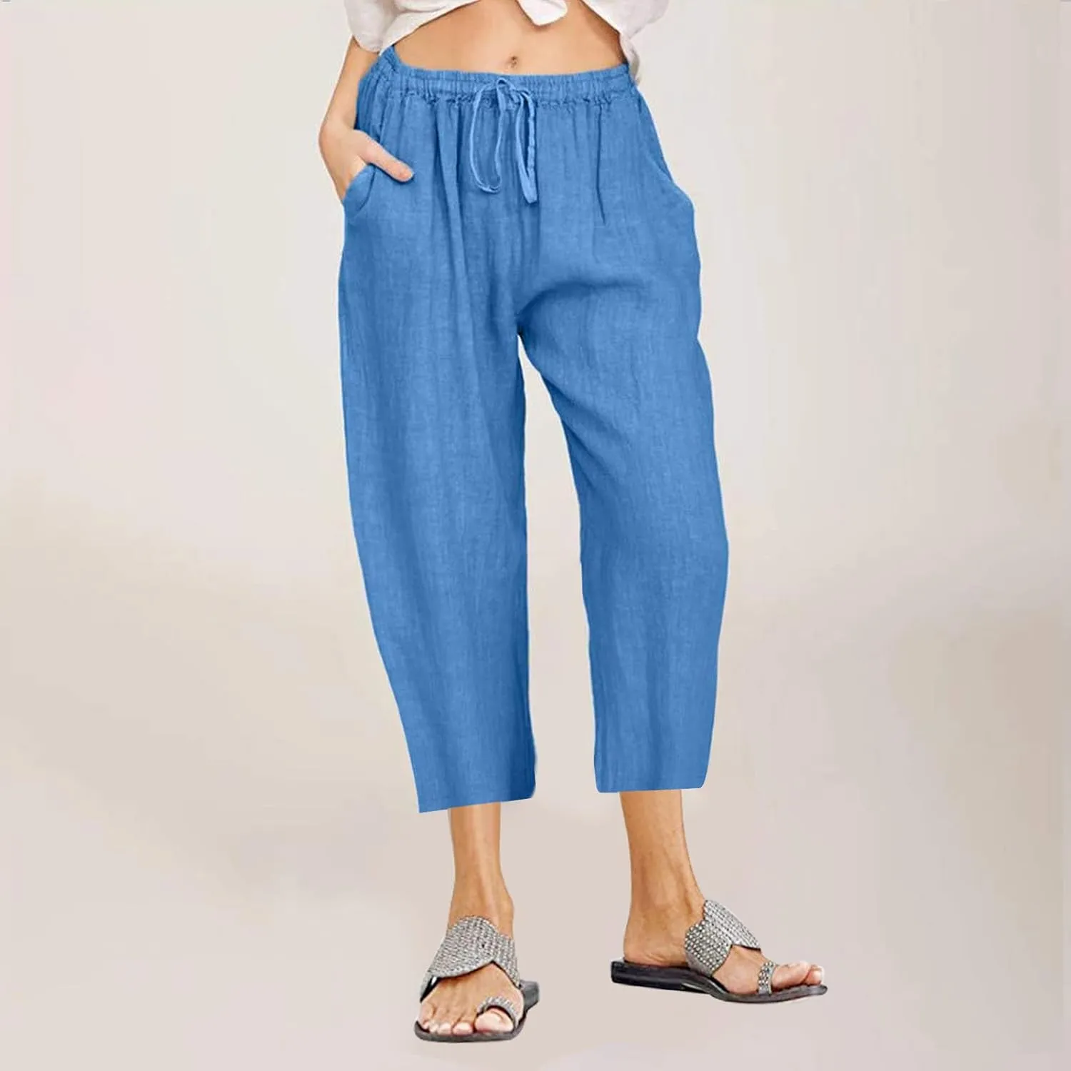 Capris Linen Pants for Women Drawstring Elastic Waist Wide Leg Trousers Solid Color Cropped Pants with Pockets