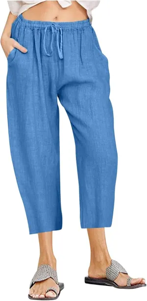 Capris Linen Pants for Women Drawstring Elastic Waist Wide Leg Trousers Solid Color Cropped Pants with Pockets