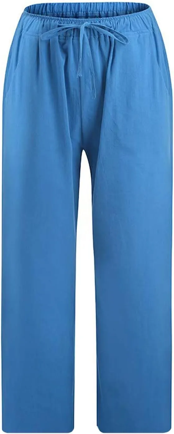 Capris Linen Pants for Women Drawstring Elastic Waist Wide Leg Trousers Solid Color Cropped Pants with Pockets