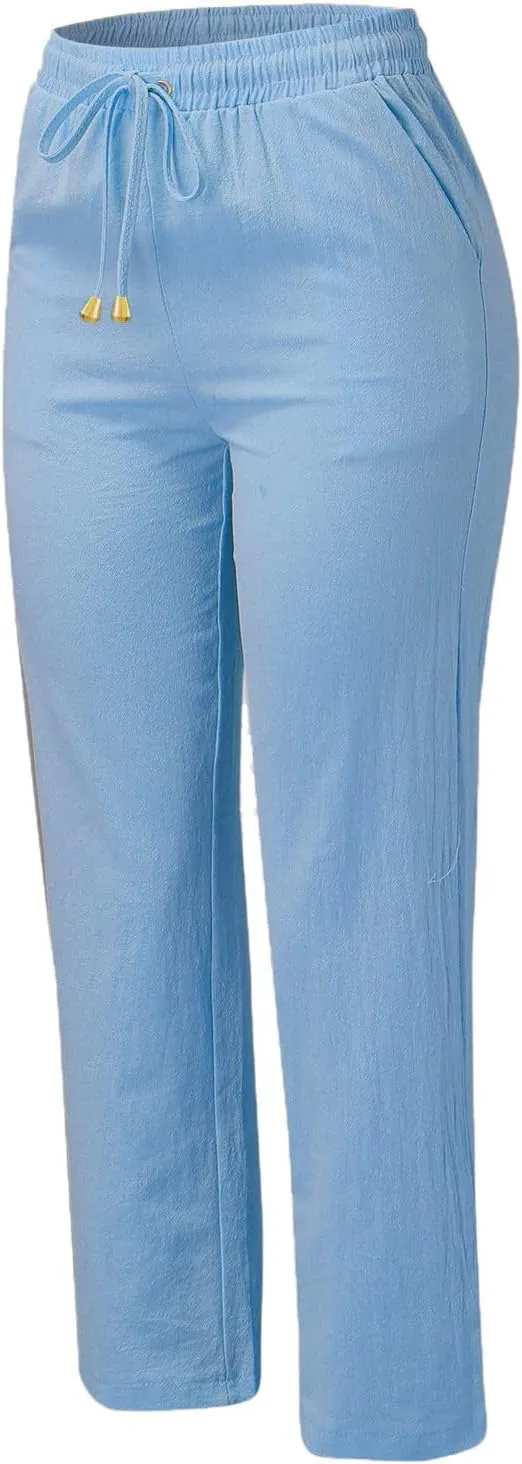 Capris Pants for Women Cotton Linen Casual Summer Straight Wide Leg Loose Drawstring Elastic Waist Cropped Trouser