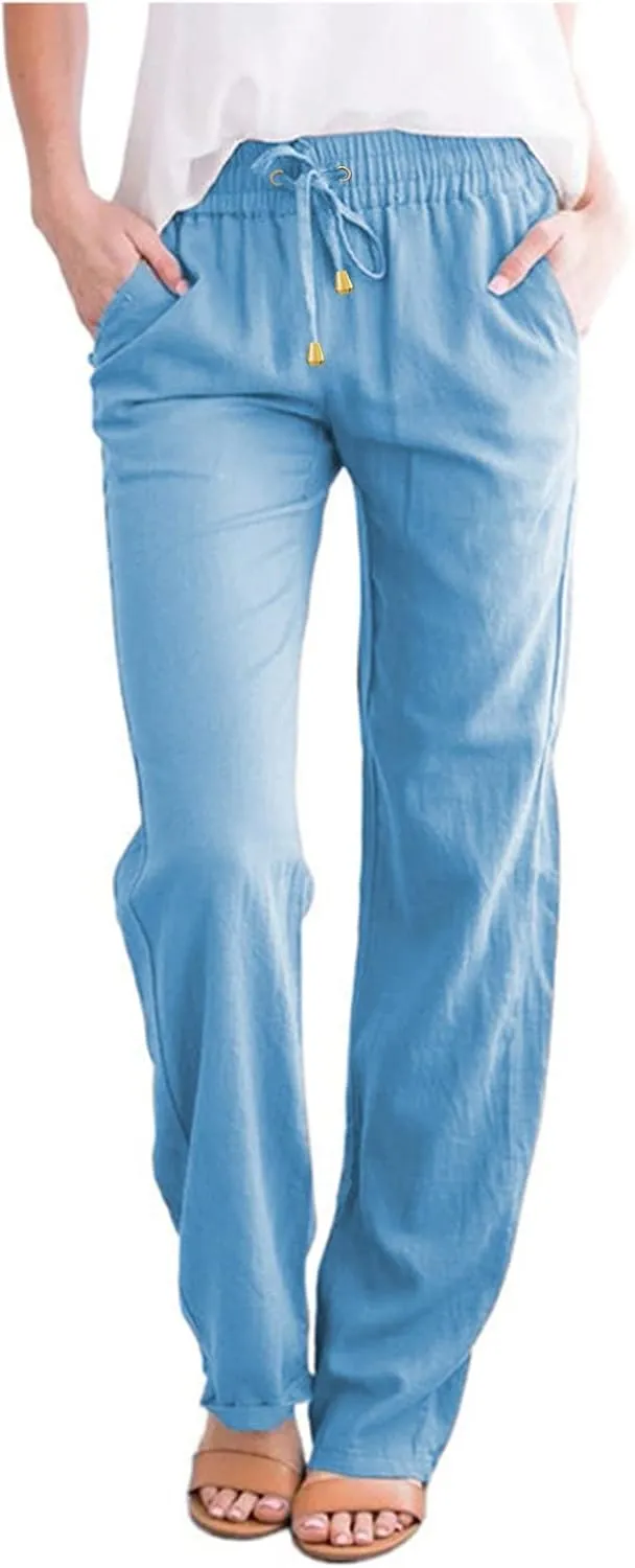 Capris Pants for Women Cotton Linen Casual Summer Straight Wide Leg Loose Drawstring Elastic Waist Cropped Trouser