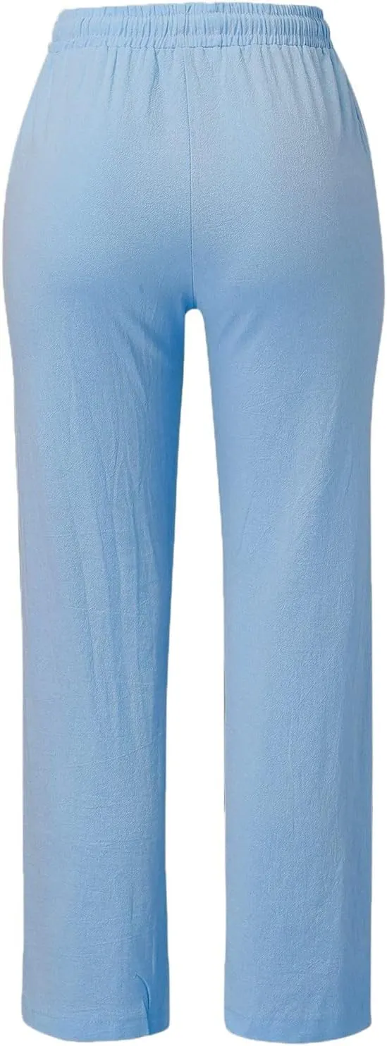 Capris Pants for Women Cotton Linen Casual Summer Straight Wide Leg Loose Drawstring Elastic Waist Cropped Trouser