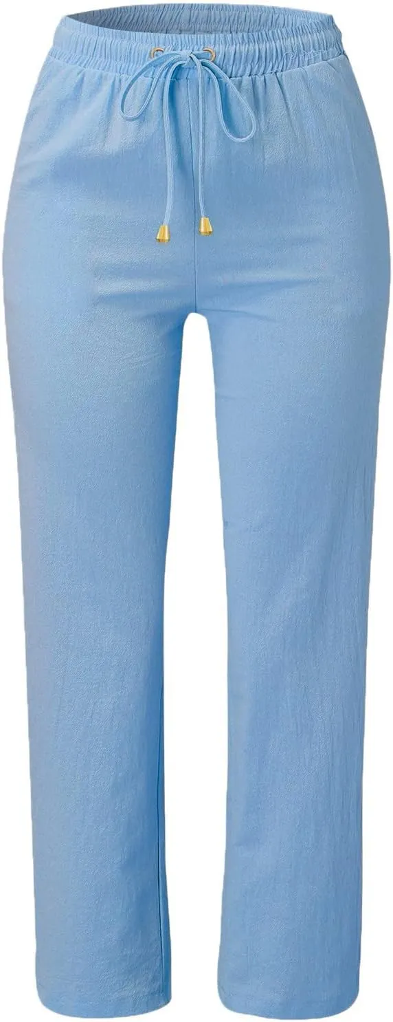 Capris Pants for Women Cotton Linen Casual Summer Straight Wide Leg Loose Drawstring Elastic Waist Cropped Trouser