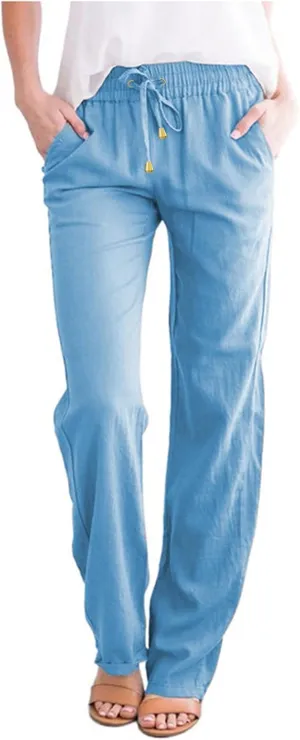 Capris Pants for Women Cotton Linen Casual Summer Straight Wide Leg Loose Drawstring Elastic Waist Cropped Trouser
