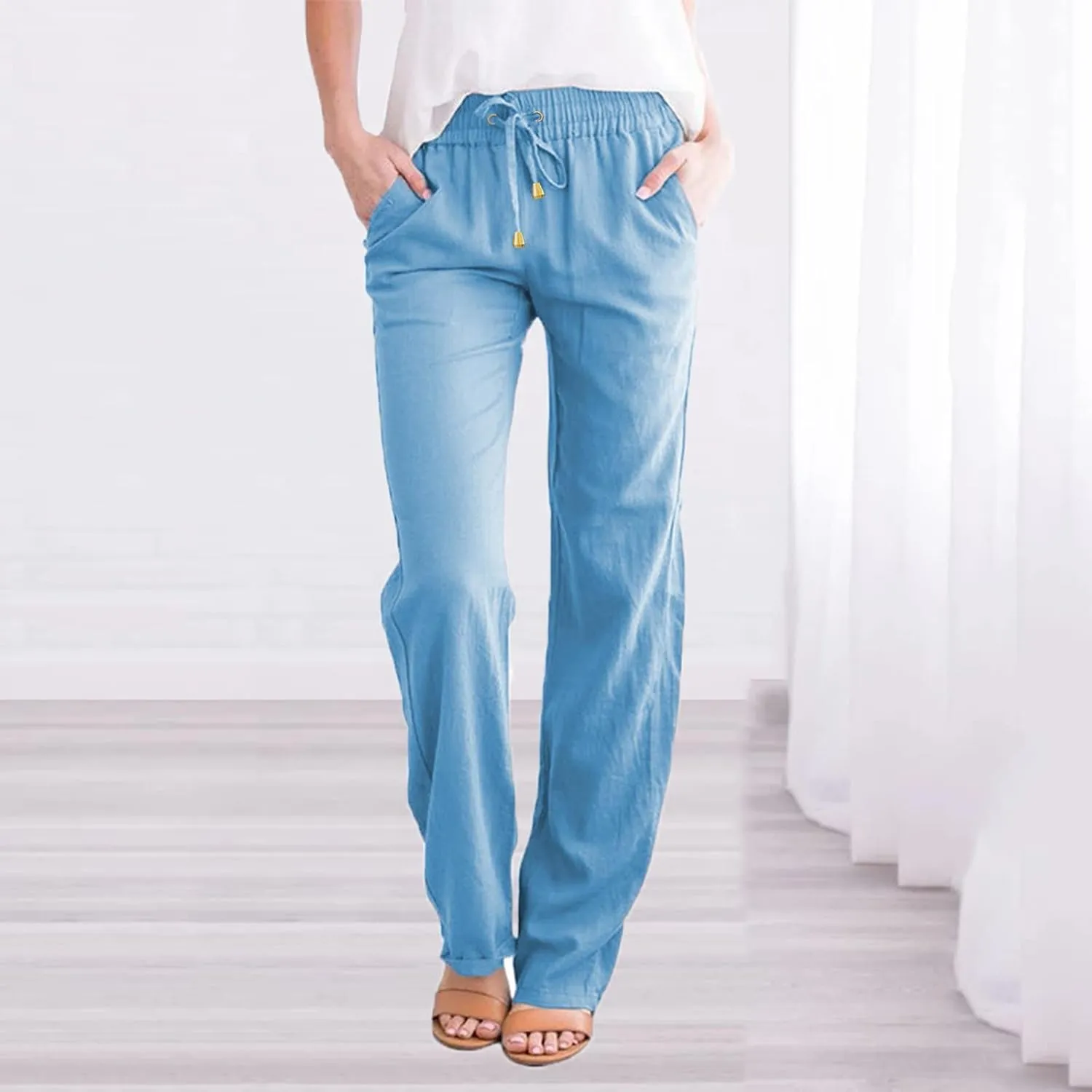 Capris Pants for Women Cotton Linen Casual Summer Straight Wide Leg Loose Drawstring Elastic Waist Cropped Trouser