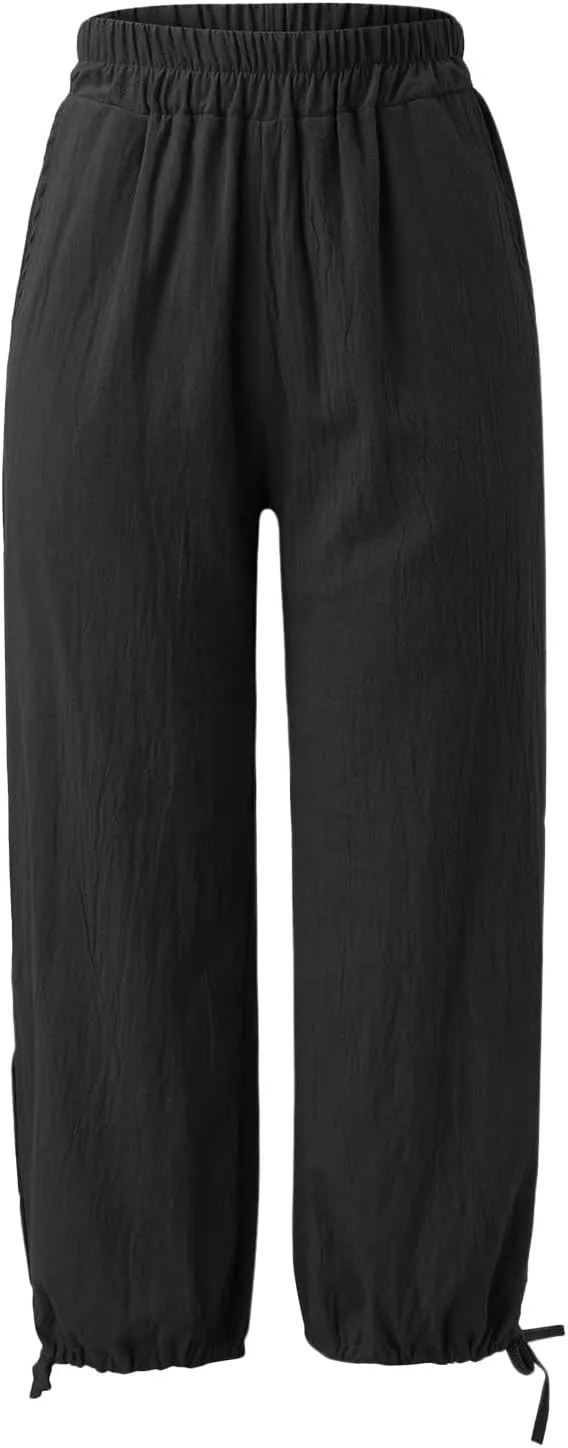 Capris Pants for Women Linen 2025 Casual Summer Straight Wide Leg Loose Smocked Elastic High Waist Cropped Trouser
