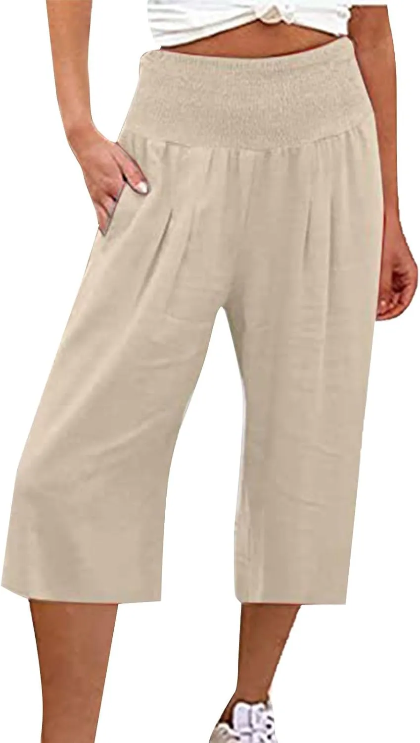 Capris Pants for Women Linen 2025 Casual Summer Straight Wide Leg Loose Smocked Elastic High Waist Cropped Trouser