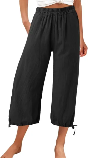 Capris Pants for Women Linen 2025 Casual Summer Straight Wide Leg Loose Smocked Elastic High Waist Cropped Trouser
