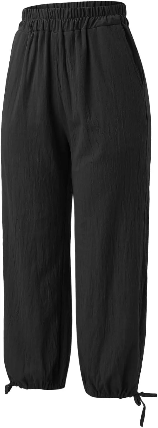 Capris Pants for Women Linen 2025 Casual Summer Straight Wide Leg Loose Smocked Elastic High Waist Cropped Trouser