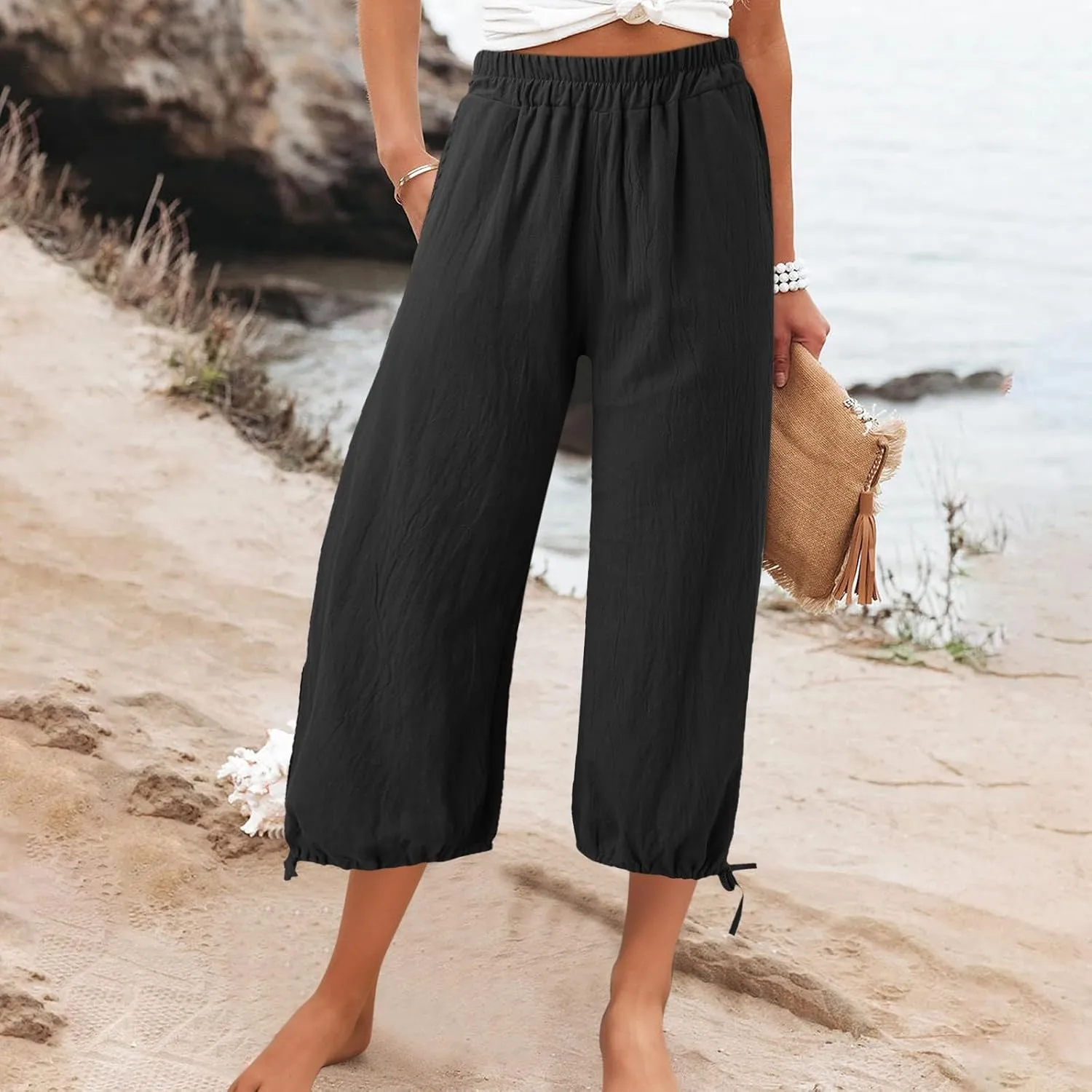 Capris Pants for Women Linen 2025 Casual Summer Straight Wide Leg Loose Smocked Elastic High Waist Cropped Trouser