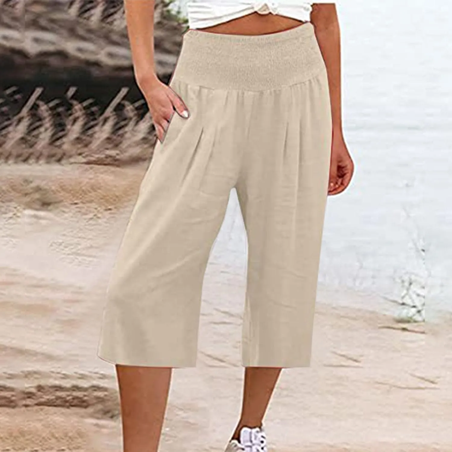 Capris Pants for Women Linen 2025 Casual Summer Straight Wide Leg Loose Smocked Elastic High Waist Cropped Trouser