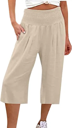 Capris Pants for Women Linen 2025 Casual Summer Straight Wide Leg Loose Smocked Elastic High Waist Cropped Trouser