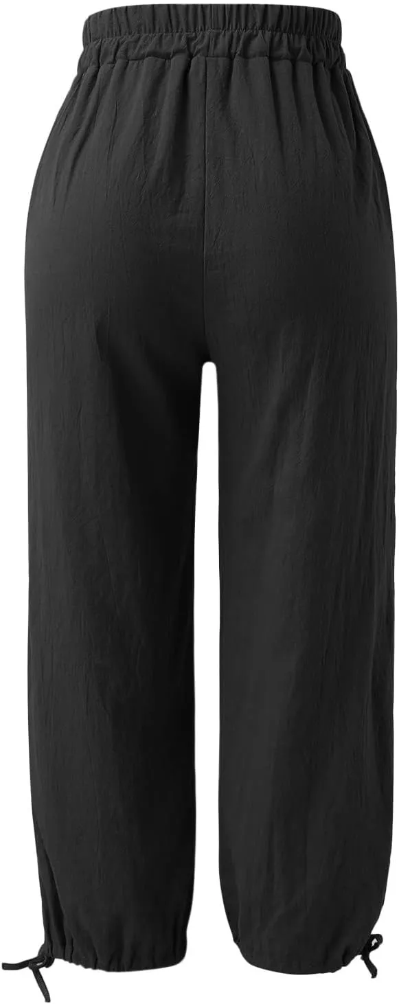 Capris Pants for Women Linen 2025 Casual Summer Straight Wide Leg Loose Smocked Elastic High Waist Cropped Trouser