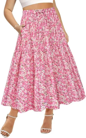 CARCOS Plus Size Skirts for Curvy Women Elastic High Waist Boho Maxi Skirt Pleated A-Line Tiered Long Skirts with Pockets