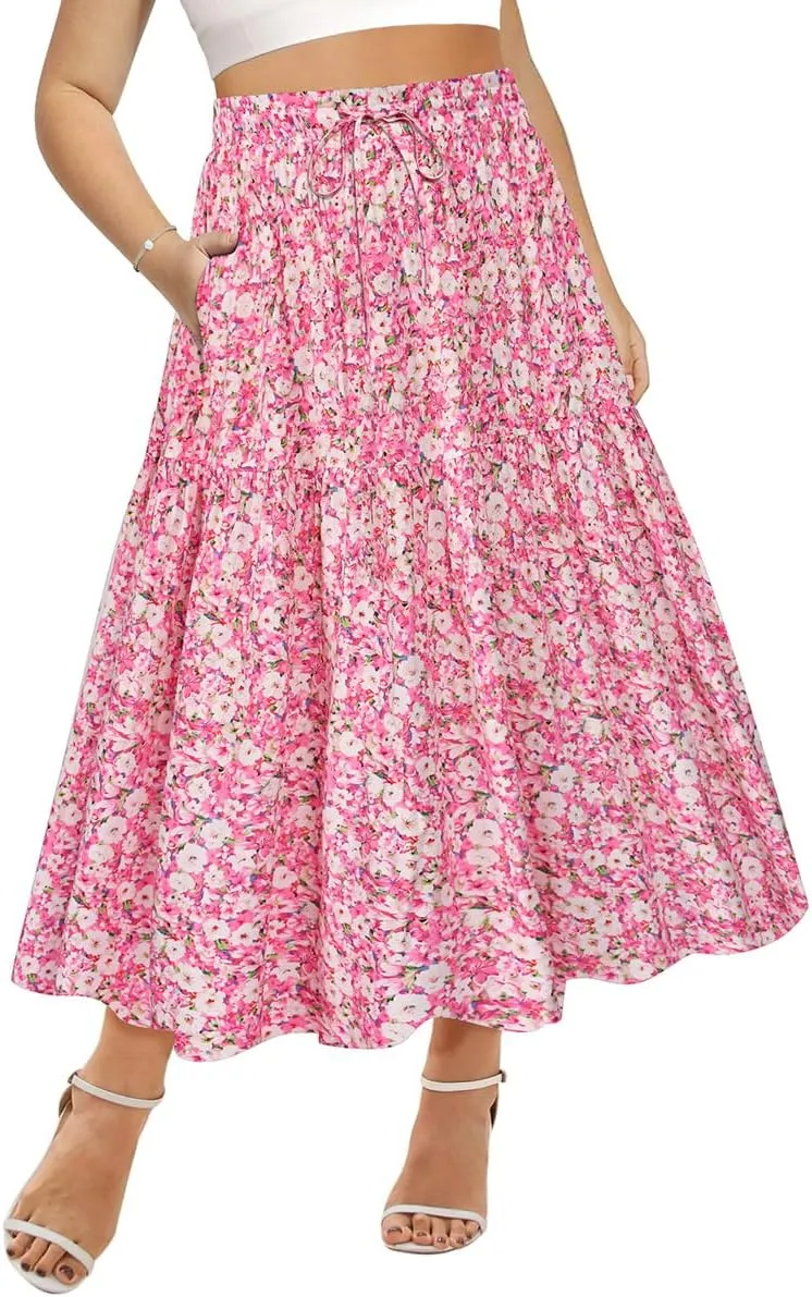 CARCOS Plus Size Skirts for Curvy Women Elastic High Waist Boho Maxi Skirt Pleated A-Line Tiered Long Skirts with Pockets