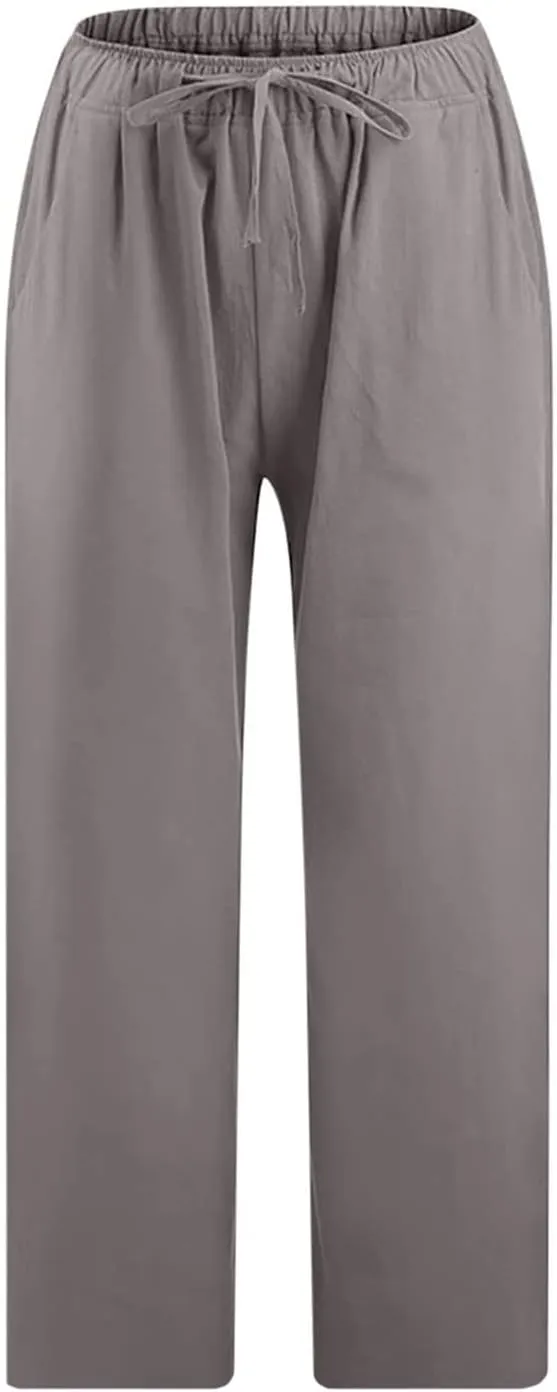 Ceboyel Women Summer Causal Linen Pants Drawstring Wide Leg Trousers Ankle Length Beach Pants Straight Leg Cropped Pants