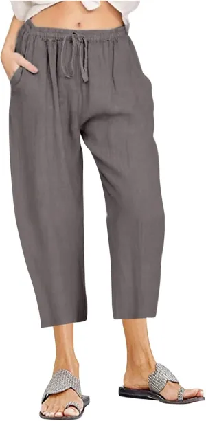 Ceboyel Women Summer Causal Linen Pants Drawstring Wide Leg Trousers Ankle Length Beach Pants Straight Leg Cropped Pants