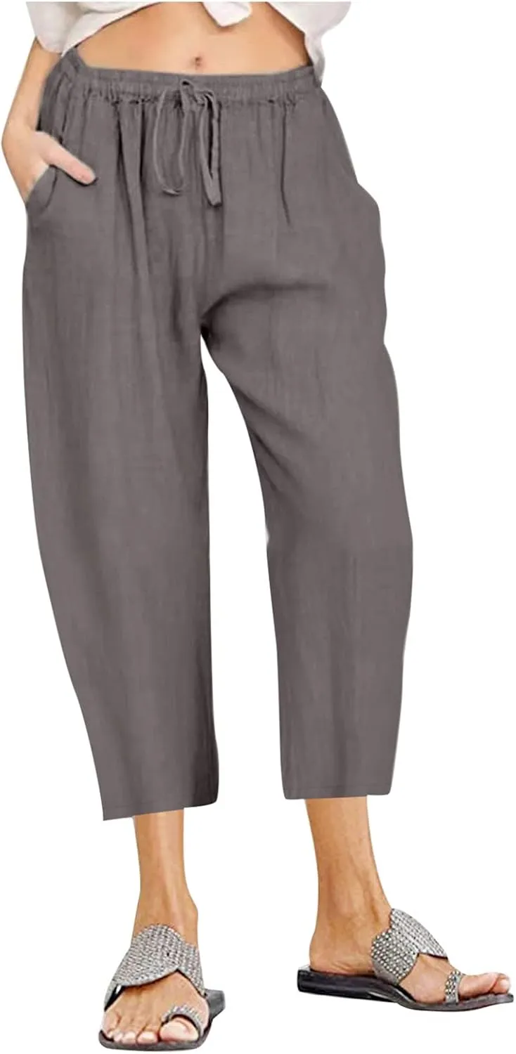 Ceboyel Women Summer Causal Linen Pants Drawstring Wide Leg Trousers Ankle Length Beach Pants Straight Leg Cropped Pants