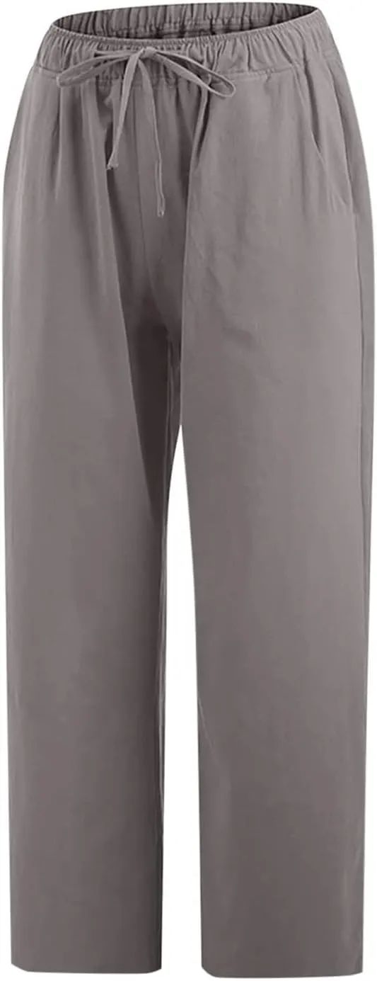 Ceboyel Women Summer Causal Linen Pants Drawstring Wide Leg Trousers Ankle Length Beach Pants Straight Leg Cropped Pants