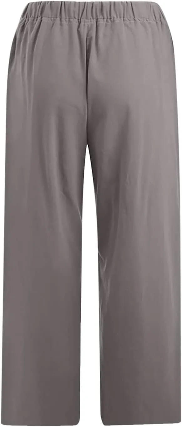 Ceboyel Women Summer Causal Linen Pants Drawstring Wide Leg Trousers Ankle Length Beach Pants Straight Leg Cropped Pants