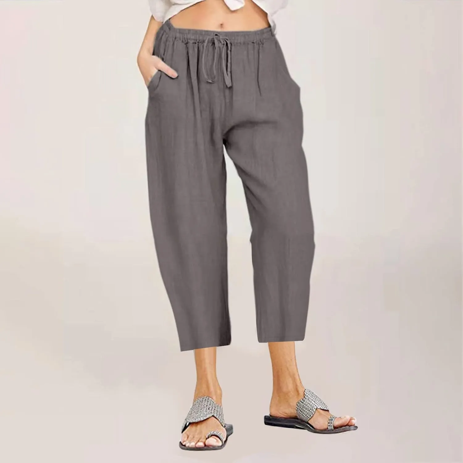 Ceboyel Women Summer Causal Linen Pants Drawstring Wide Leg Trousers Ankle Length Beach Pants Straight Leg Cropped Pants