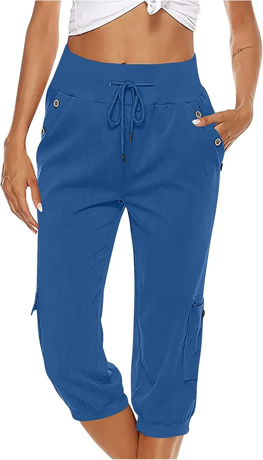 Ceboyel Women's Cotton Linen Crop Capris Drawstring Summer Cargo Pants Trendy Casual Straight Pants Dressy Ladies Clothing