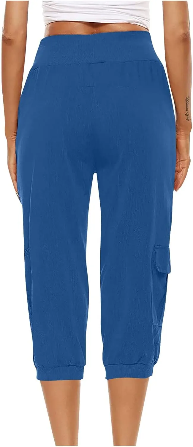 Ceboyel Women's Cotton Linen Crop Capris Drawstring Summer Cargo Pants Trendy Casual Straight Pants Dressy Ladies Clothing