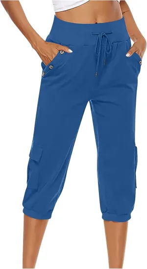 Ceboyel Women's Cotton Linen Crop Capris Drawstring Summer Cargo Pants Trendy Casual Straight Pants Dressy Ladies Clothing