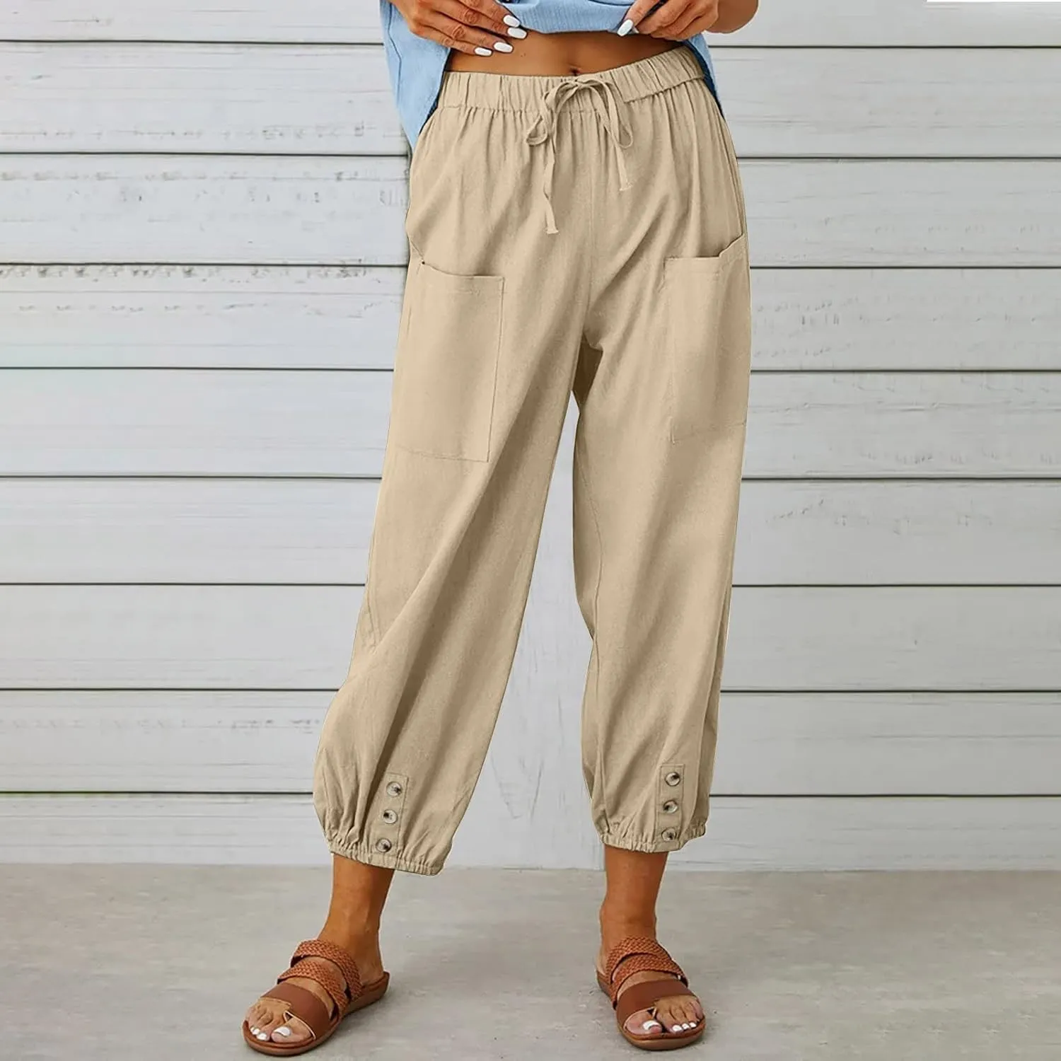 Ceboyel Womens Drawstring Linen Pants High Waist Boho Pant Summer Casual Trousers Dressy Casual Beach Outfits 2023