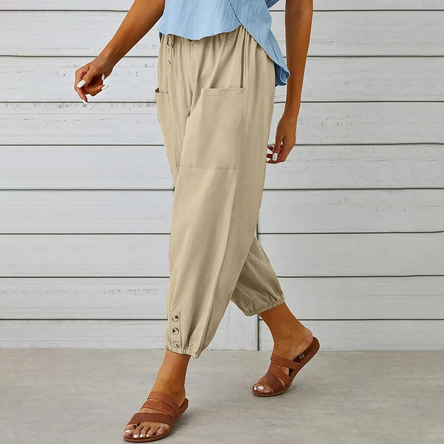Ceboyel Womens Drawstring Linen Pants High Waist Boho Pant Summer Casual Trousers Dressy Casual Beach Outfits 2023