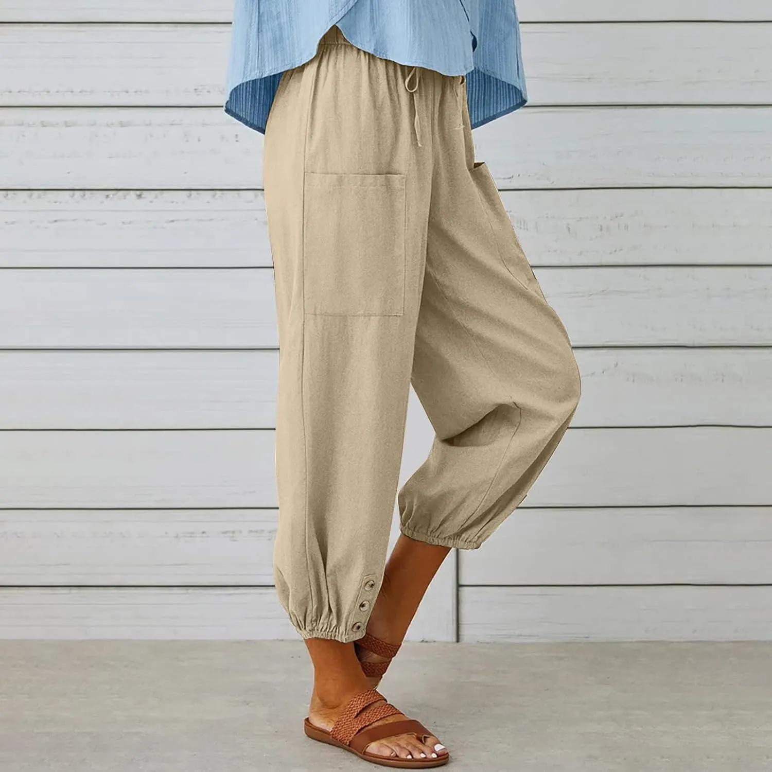 Ceboyel Womens Drawstring Linen Pants High Waist Boho Pant Summer Casual Trousers Dressy Casual Beach Outfits 2023