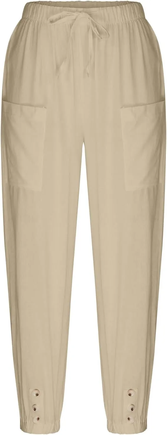 Ceboyel Womens Drawstring Linen Pants High Waist Boho Pant Summer Casual Trousers Dressy Casual Beach Outfits 2023
