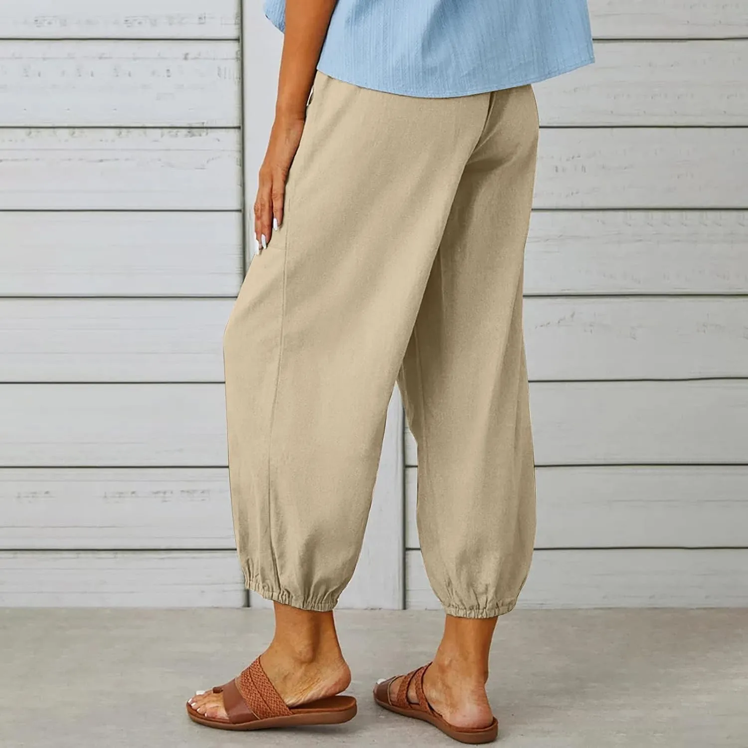 Ceboyel Womens Drawstring Linen Pants High Waist Boho Pant Summer Casual Trousers Dressy Casual Beach Outfits 2023
