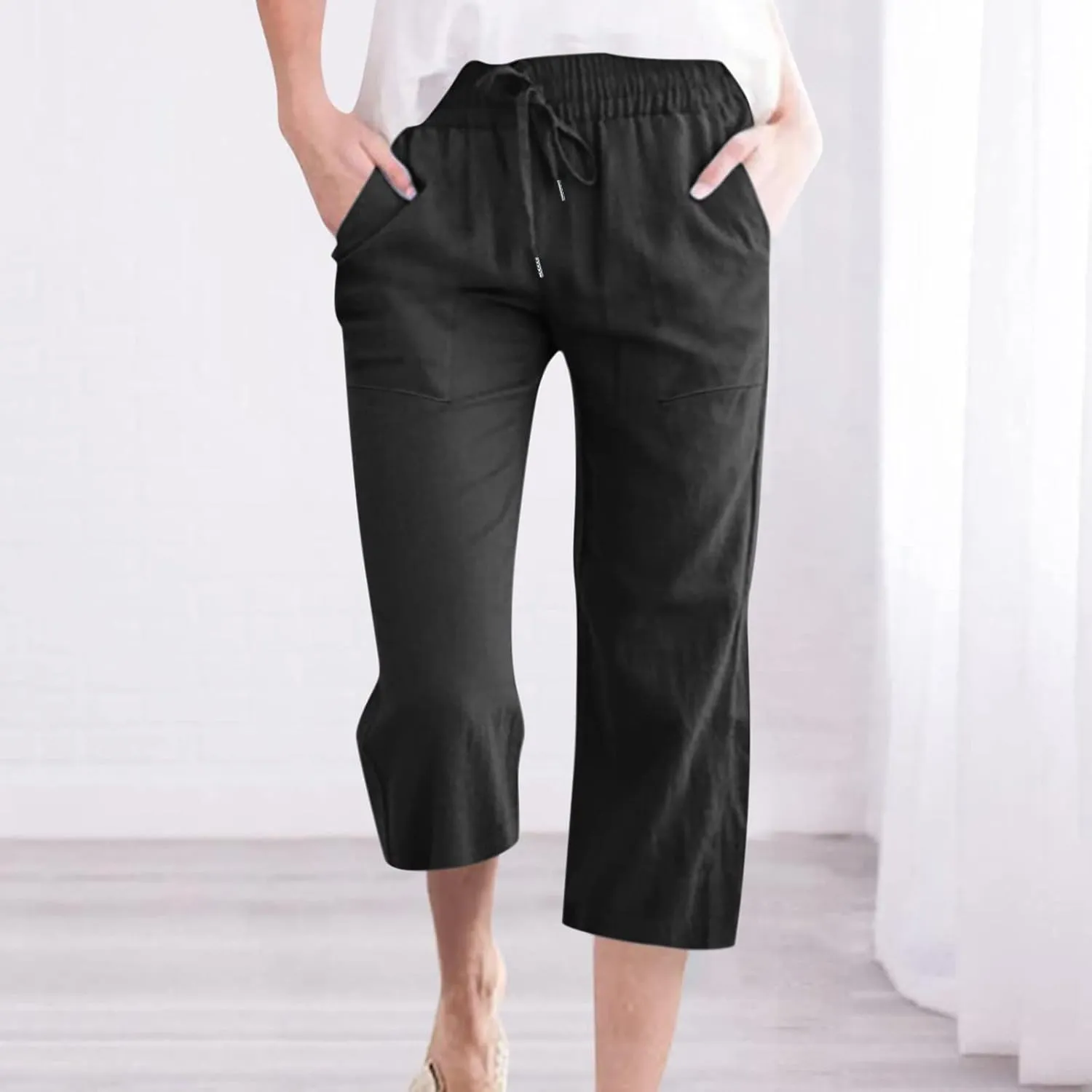 Ceboyel Womens Linen Crop Capris Drawstring Summer Pants Elastic Waist Trousers Casual Loose Summer Beach Outfits 2023
