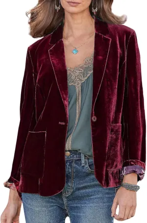 CHARTOU Casual 1 Button Velvet Jacket Women Velvet Cardigan Blazer Office Work Short Coat Suit Jacket with Pocket