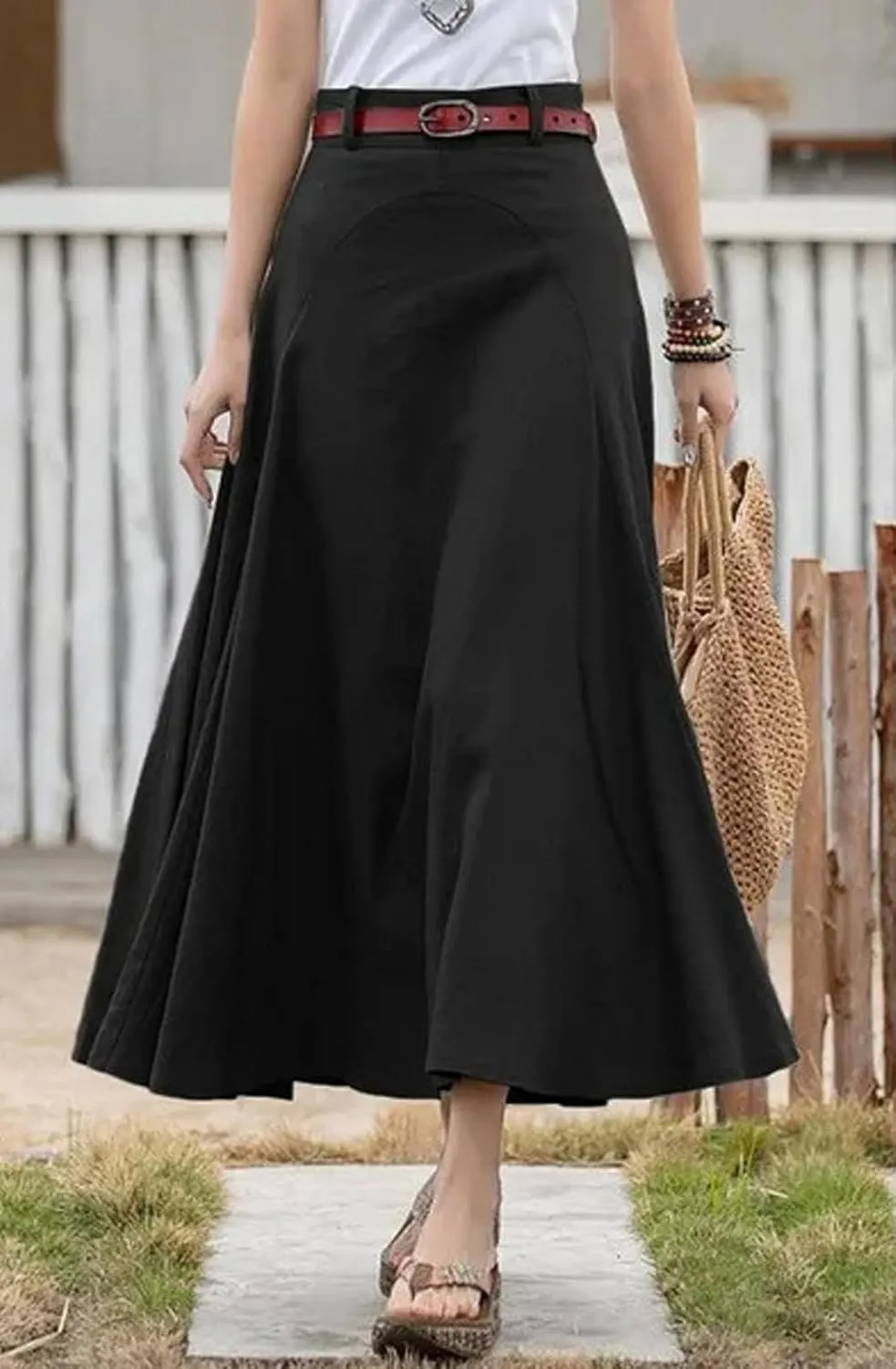 CHARTOU Women Casual Cotton Linen A Line Skirt High Waist Long Flowy Skirt Flare Swing Ruffle Skirt