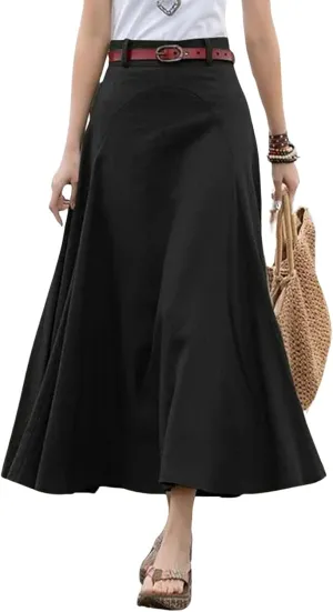 CHARTOU Women Casual Cotton Linen A Line Skirt High Waist Long Flowy Skirt Flare Swing Ruffle Skirt