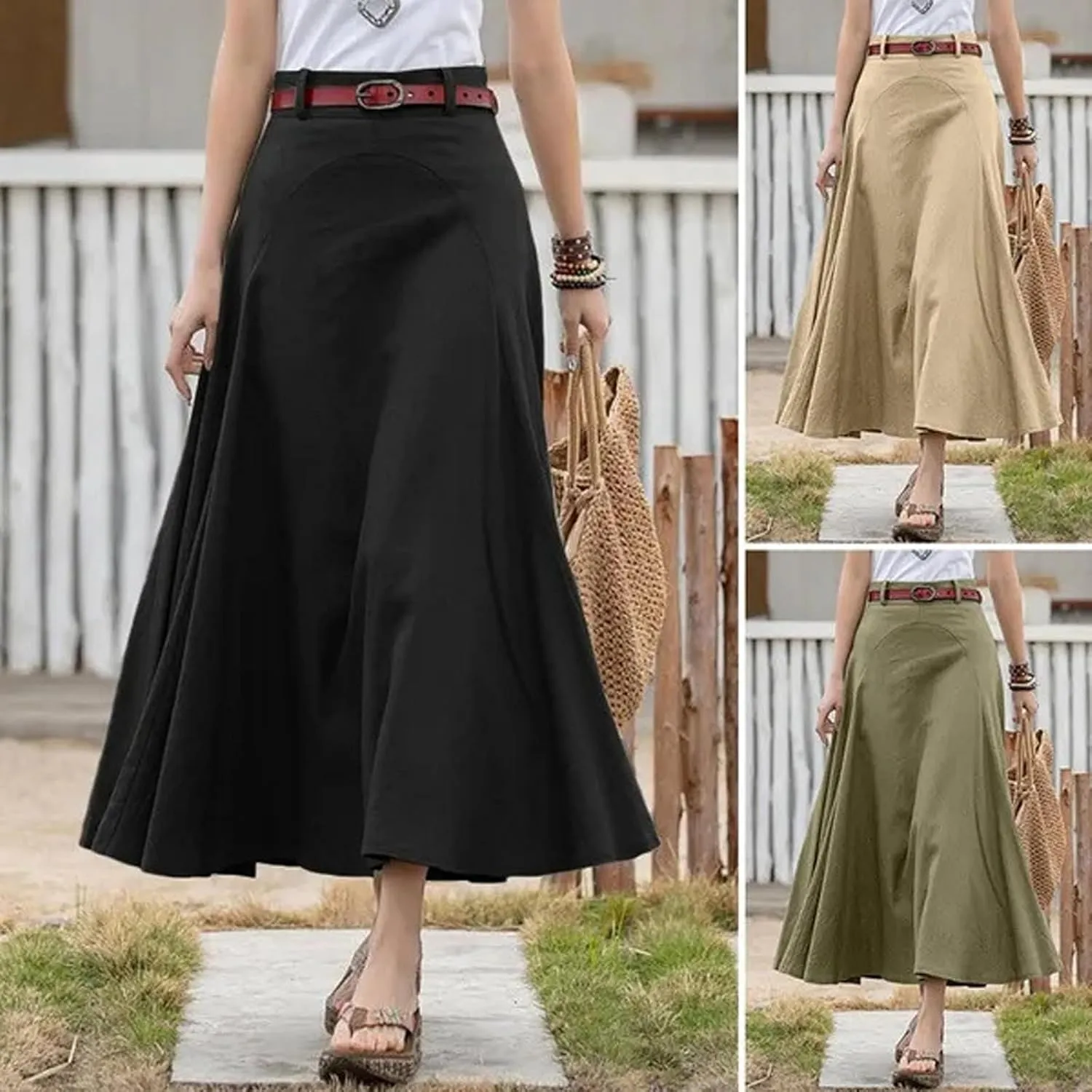 CHARTOU Women Casual Cotton Linen A Line Skirt High Waist Long Flowy Skirt Flare Swing Ruffle Skirt
