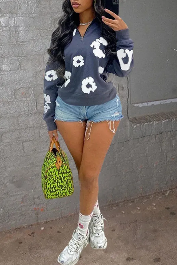 Chic Floral Print Half-Zip Sweatshirt