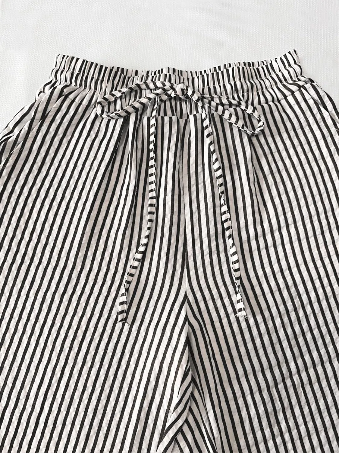 chouyatou Women's Casual Striped Wide Leg Pants Drawstring Elastic Waist Dress Palazzo Pants with Pockets