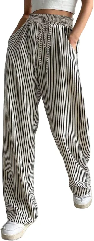 chouyatou Women's Casual Striped Wide Leg Pants Drawstring Elastic Waist Dress Palazzo Pants with Pockets