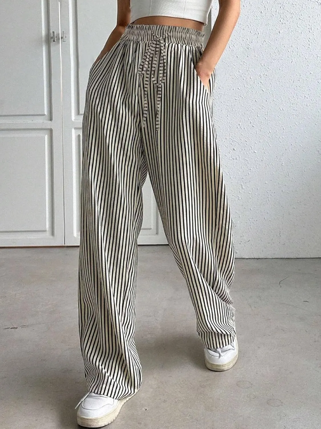 chouyatou Women's Casual Striped Wide Leg Pants Drawstring Elastic Waist Dress Palazzo Pants with Pockets