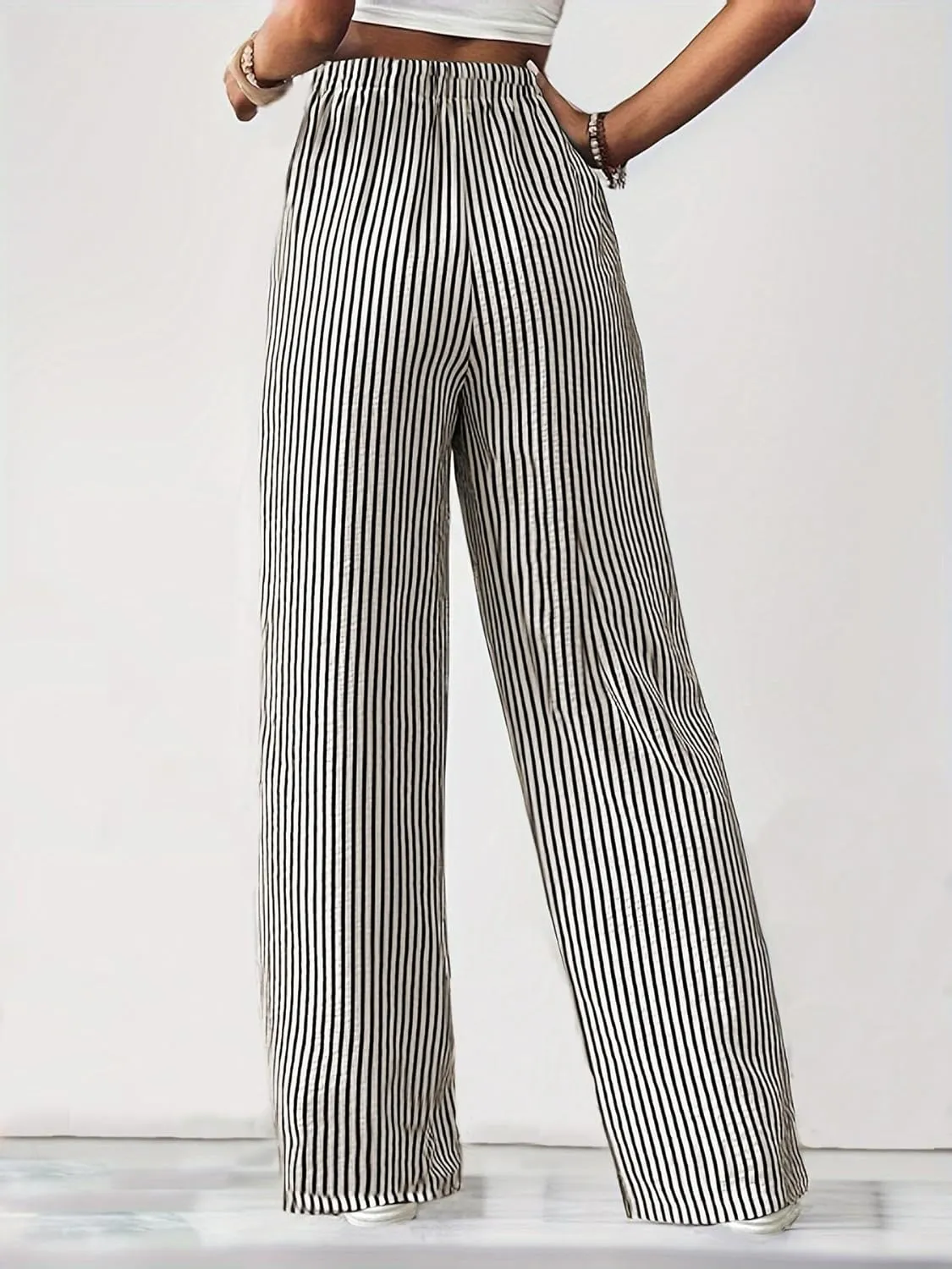 chouyatou Women's Casual Striped Wide Leg Pants Drawstring Elastic Waist Dress Palazzo Pants with Pockets