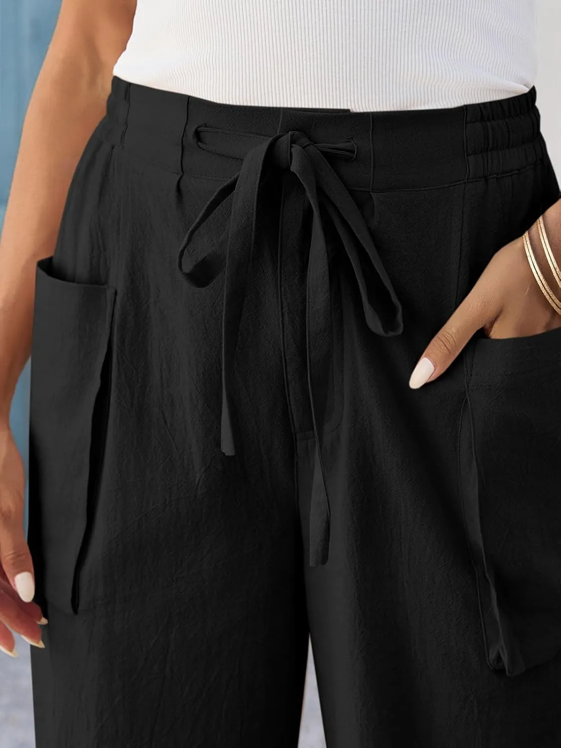 Cicy Bell Womens Wide Leg Cropped Pants Cotton Loose Drawstring Smocked Waist Beach Harem Pants with Pockets