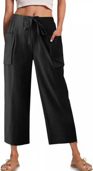 Cicy Bell Womens Wide Leg Cropped Pants Cotton Loose Drawstring Smocked Waist Beach Harem Pants with Pockets