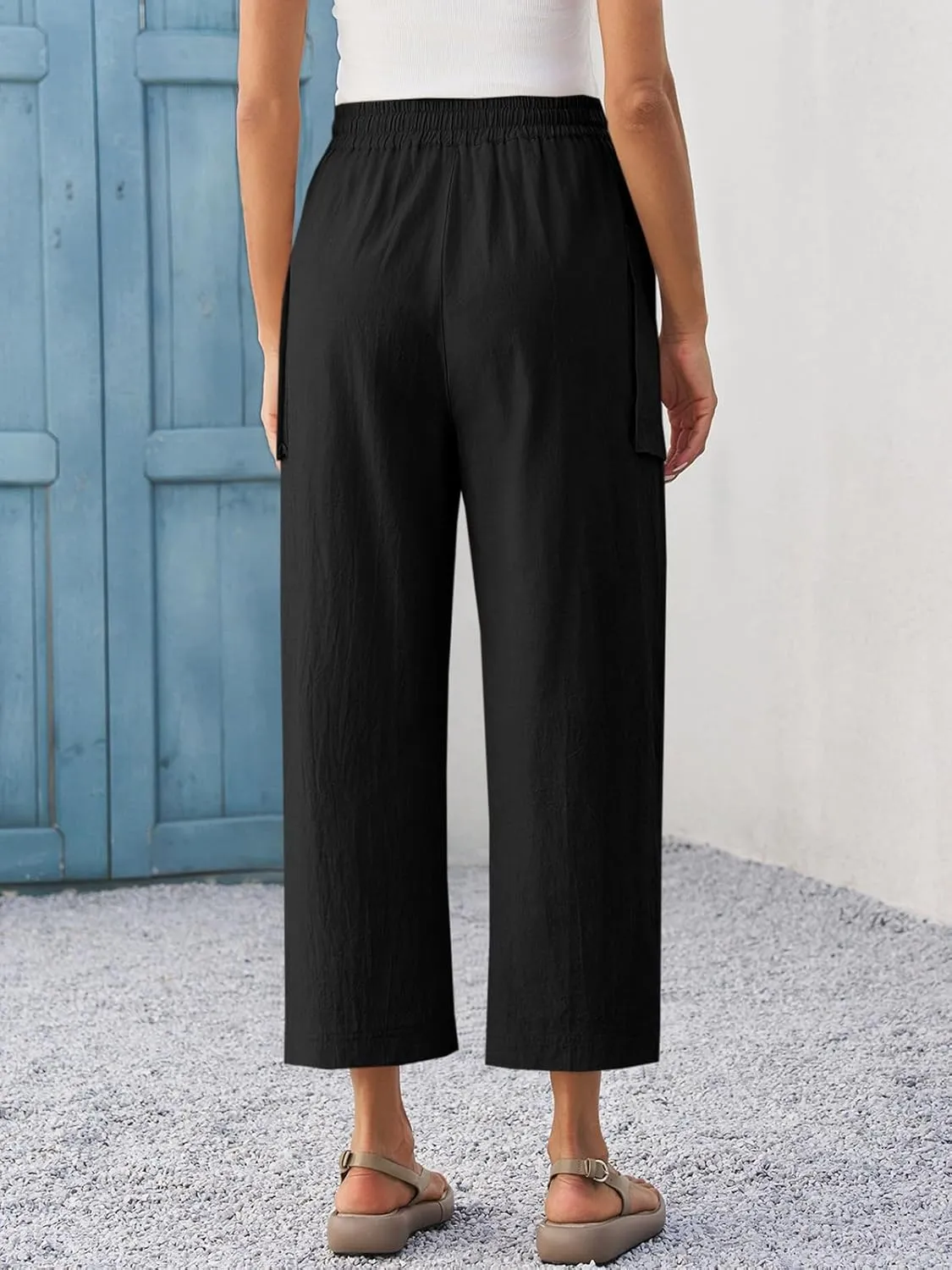 Cicy Bell Womens Wide Leg Cropped Pants Cotton Loose Drawstring Smocked Waist Beach Harem Pants with Pockets