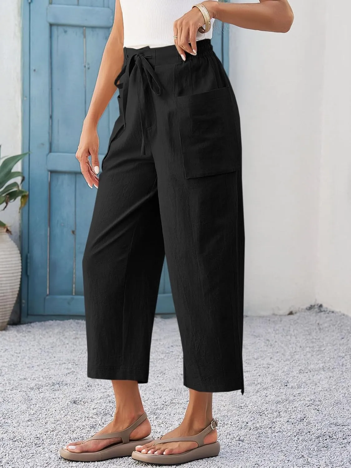 Cicy Bell Womens Wide Leg Cropped Pants Cotton Loose Drawstring Smocked Waist Beach Harem Pants with Pockets