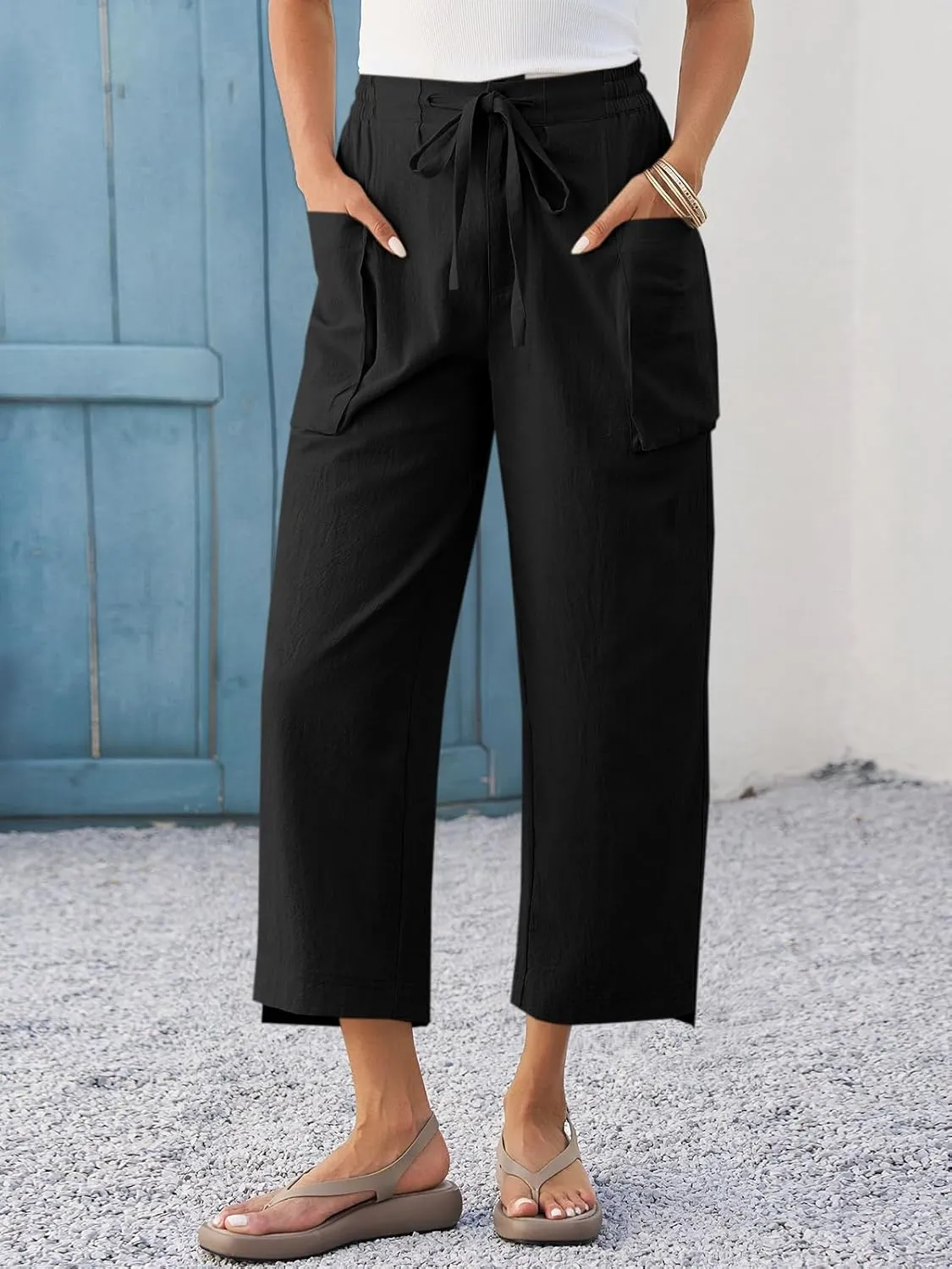 Cicy Bell Womens Wide Leg Cropped Pants Cotton Loose Drawstring Smocked Waist Beach Harem Pants with Pockets
