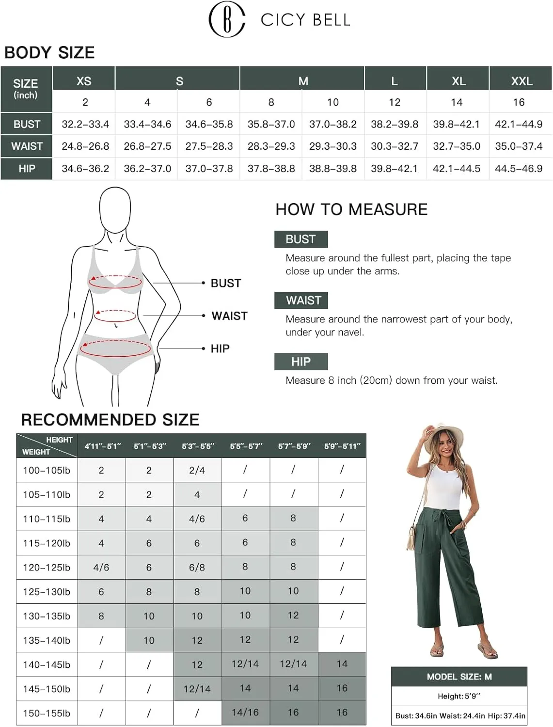 Cicy Bell Womens Wide Leg Cropped Pants Cotton Loose Drawstring Smocked Waist Beach Harem Pants with Pockets