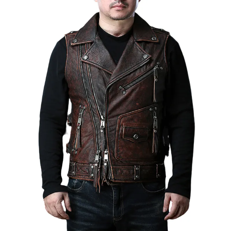 CLEARANCE / Vintage Heavy Genuine Leather Motorcycle Biker Vest for Men - US